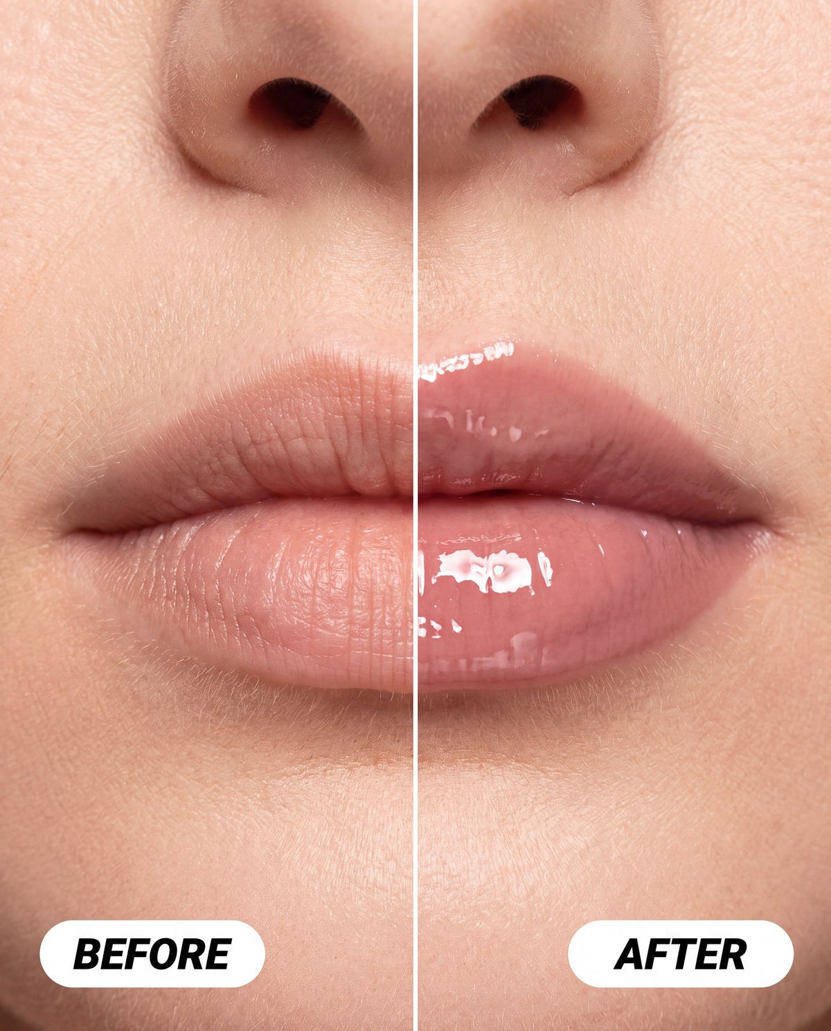 Ruby Claire Dream Lip Oil in Bare Sand — on lips before and after