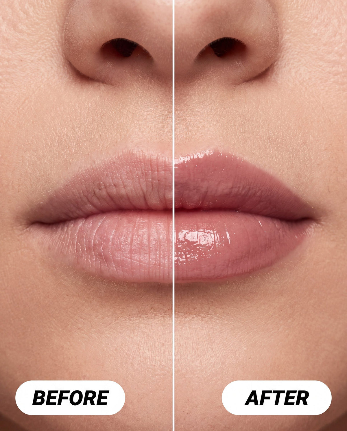 Ruby Claire Dream Lip Oil in Blush Dreams — on lips before and after