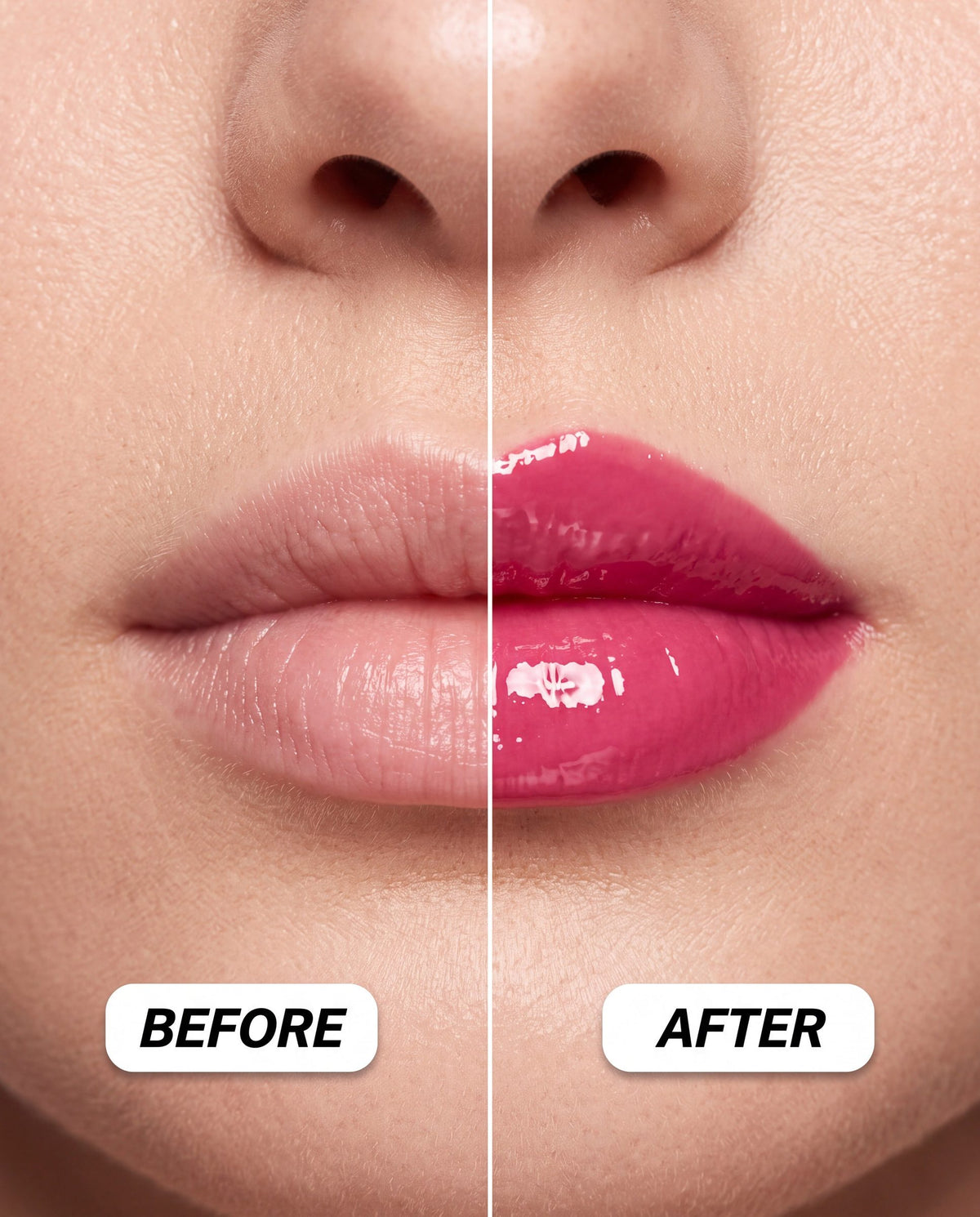 Ruby Claire Dream Lip Oil in Pink Cloud — on lips before and after