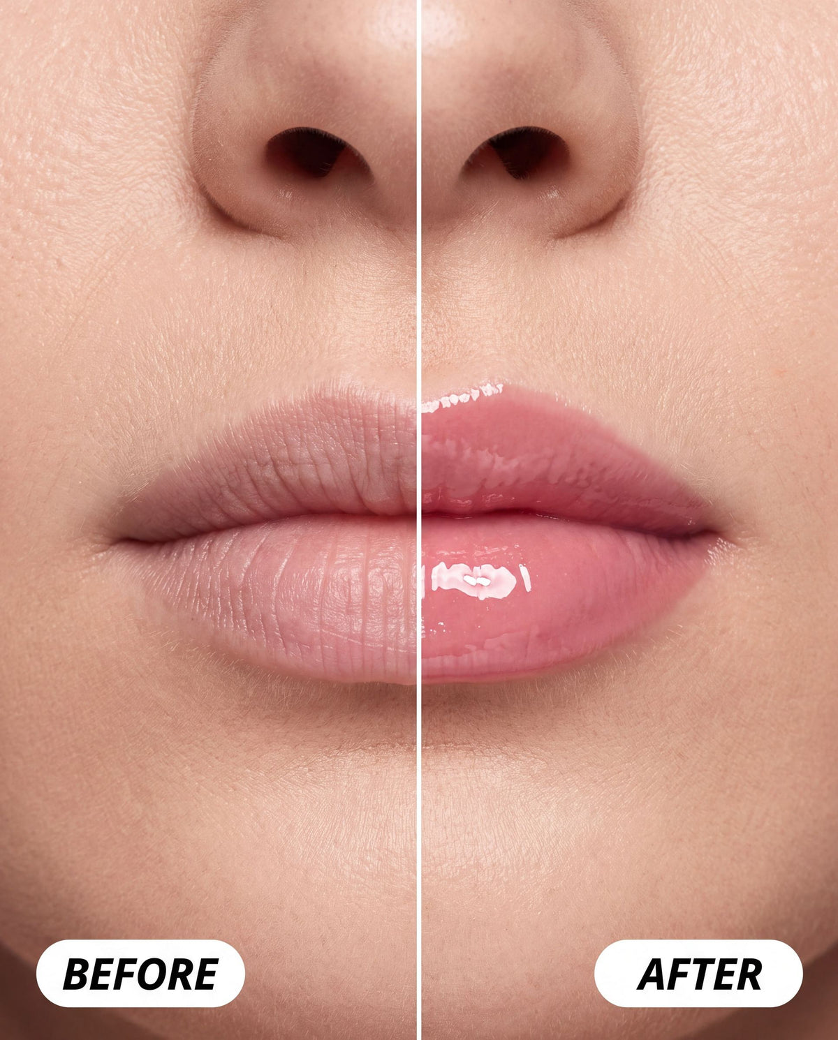 Ruby Claire Dream Lip Oil in Rose Bud — on lips before and after