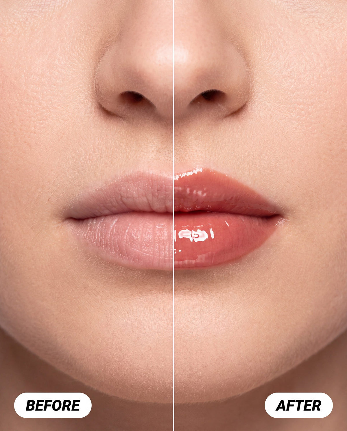 Ruby Claire Dream Lip Oil in Warm Beige — on lips before and after