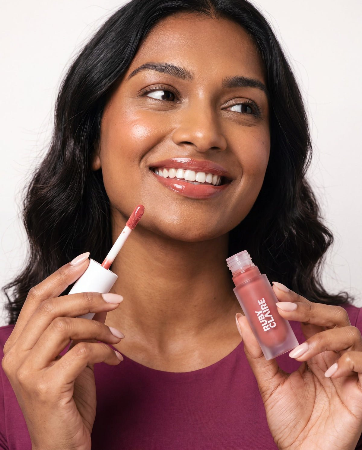 Ruby Claire Dream Lip Oil in Warm Beige — on lips