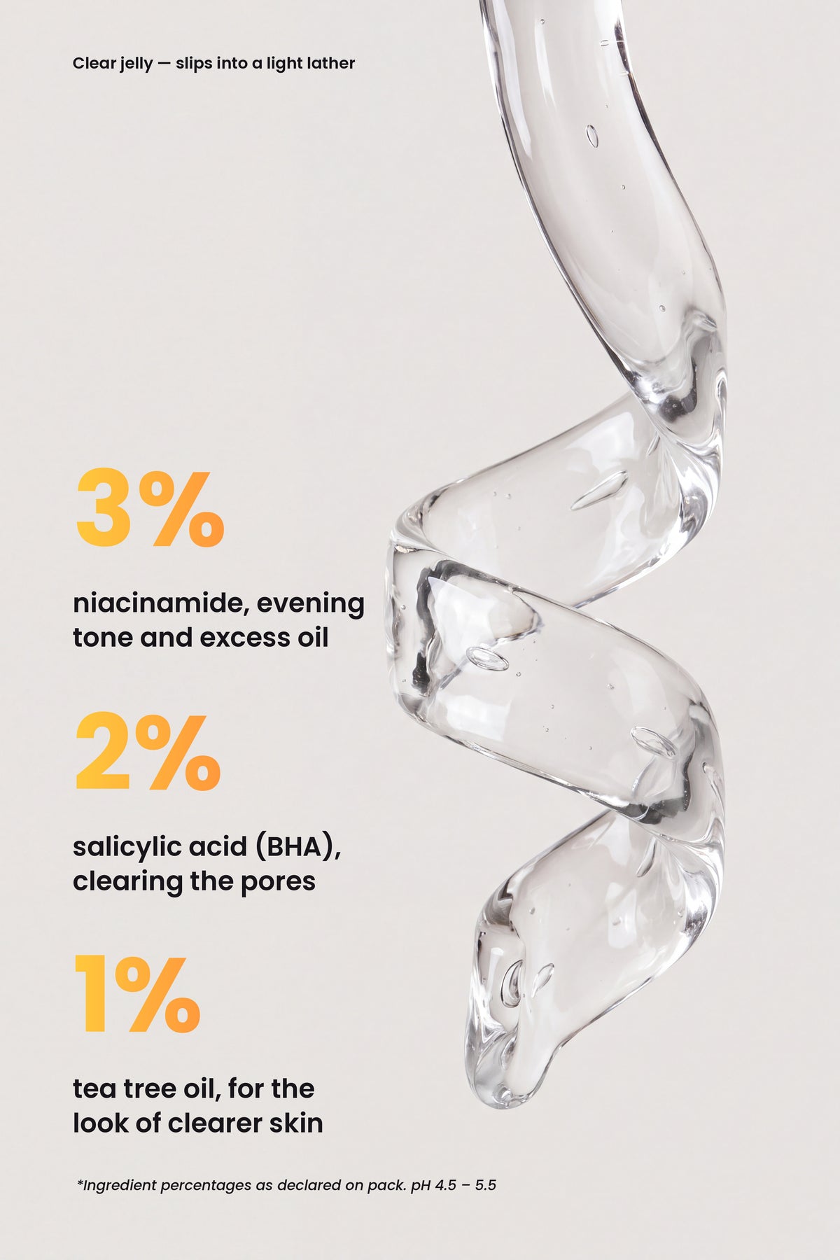 Ruby Claire ClearSpot Jelly Cleanser key actives: 3% niacinamide, 2% salicylic acid, 1% tea tree oil