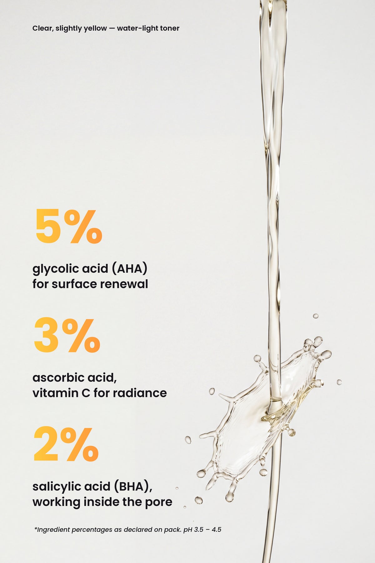 Ruby Claire GlowActiv AHA BHA Vitamin C Toner key actives: 5% glycolic acid, 3% ascorbic acid, 2% salicylic acid