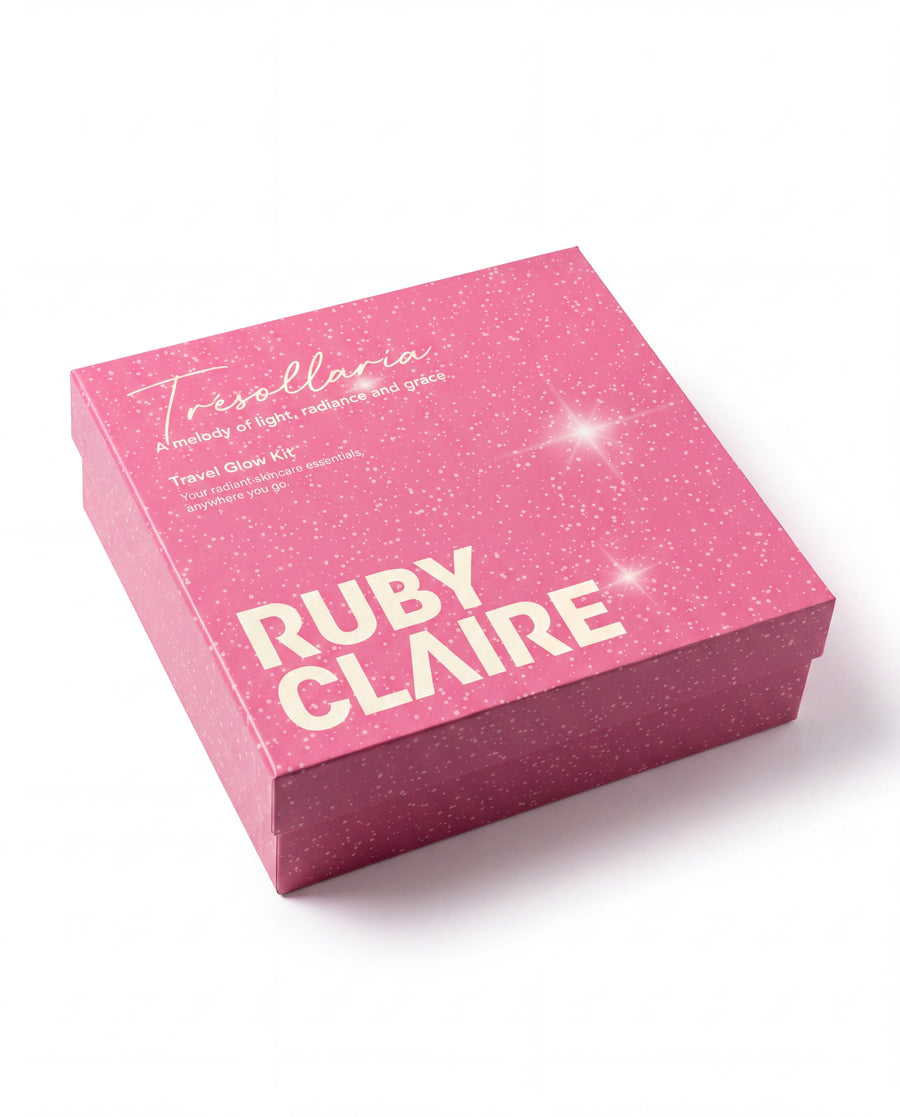 Ruby Claire Glow Box closed — Travel Glow Kit lid, three-quarter angle