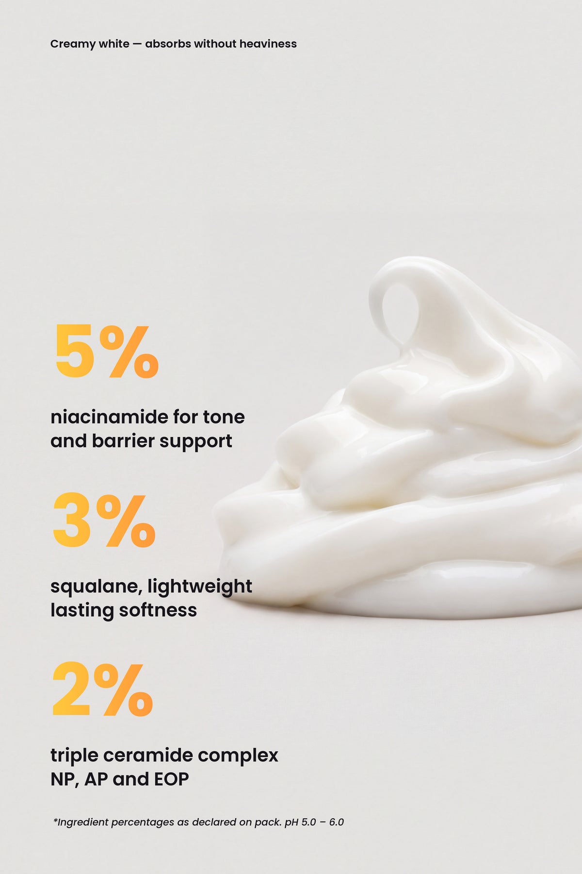 Ruby Claire GlowRise Moisturizer key actives: 5% niacinamide, 3% squalane, 2% triple ceramide complex, shown with a white cream texture
