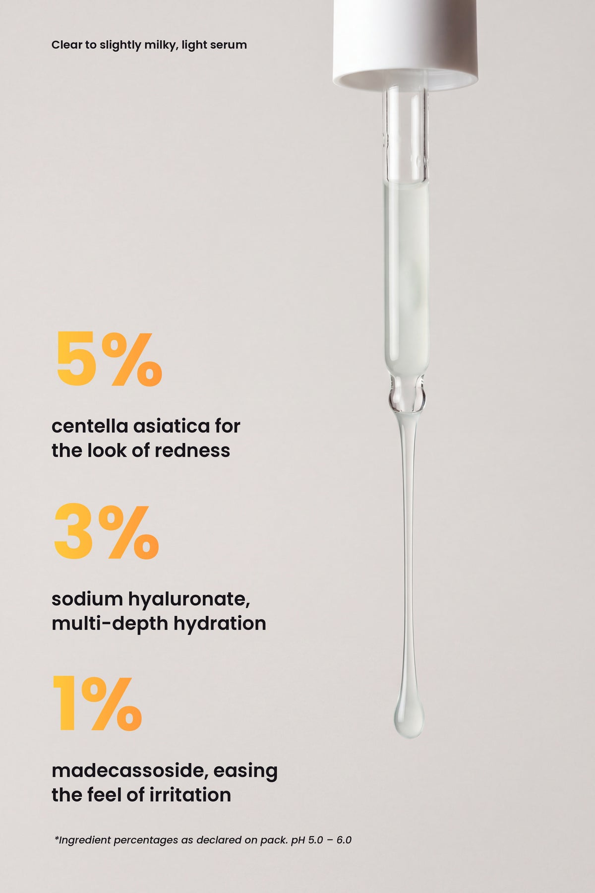 Ruby Claire Hydra Cica Primer Serum key actives: 5% centella asiatica, 3% sodium hyaluronate, 1% madecassoside