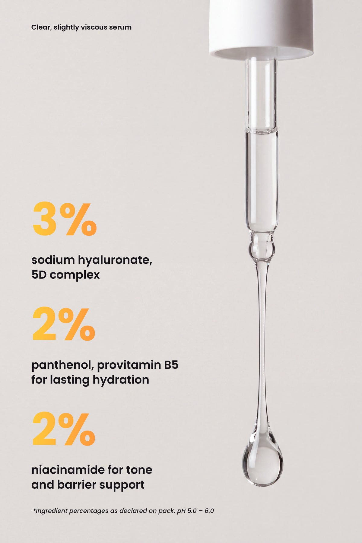 Ruby Claire Hydra Plump Serum key actives: 3% sodium hyaluronate 5D complex, 2% panthenol, 2% niacinamide