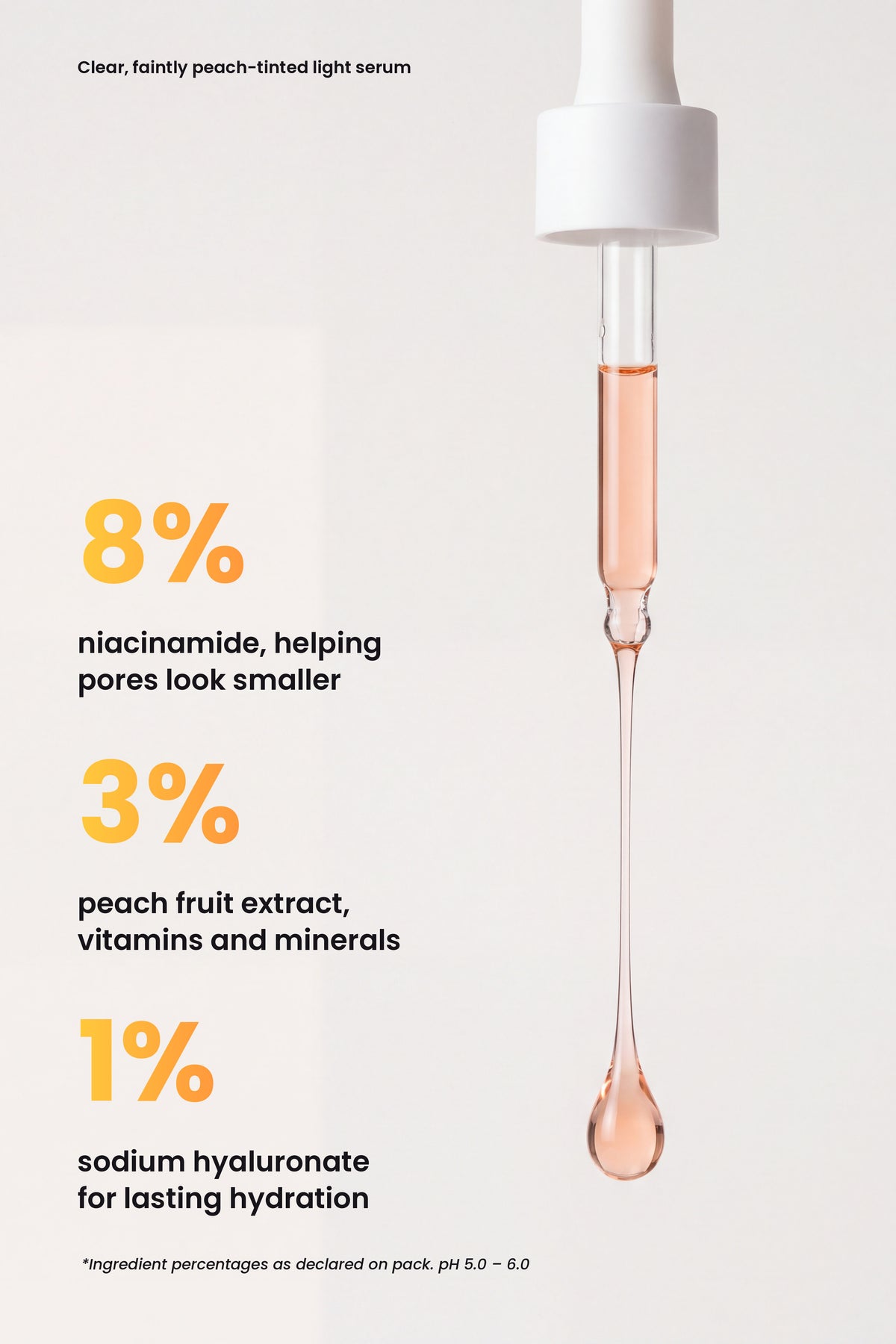Ruby Claire Peach Niacinamide Serum key actives: 8% niacinamide, 3% peach fruit extract, 1% sodium hyaluronate