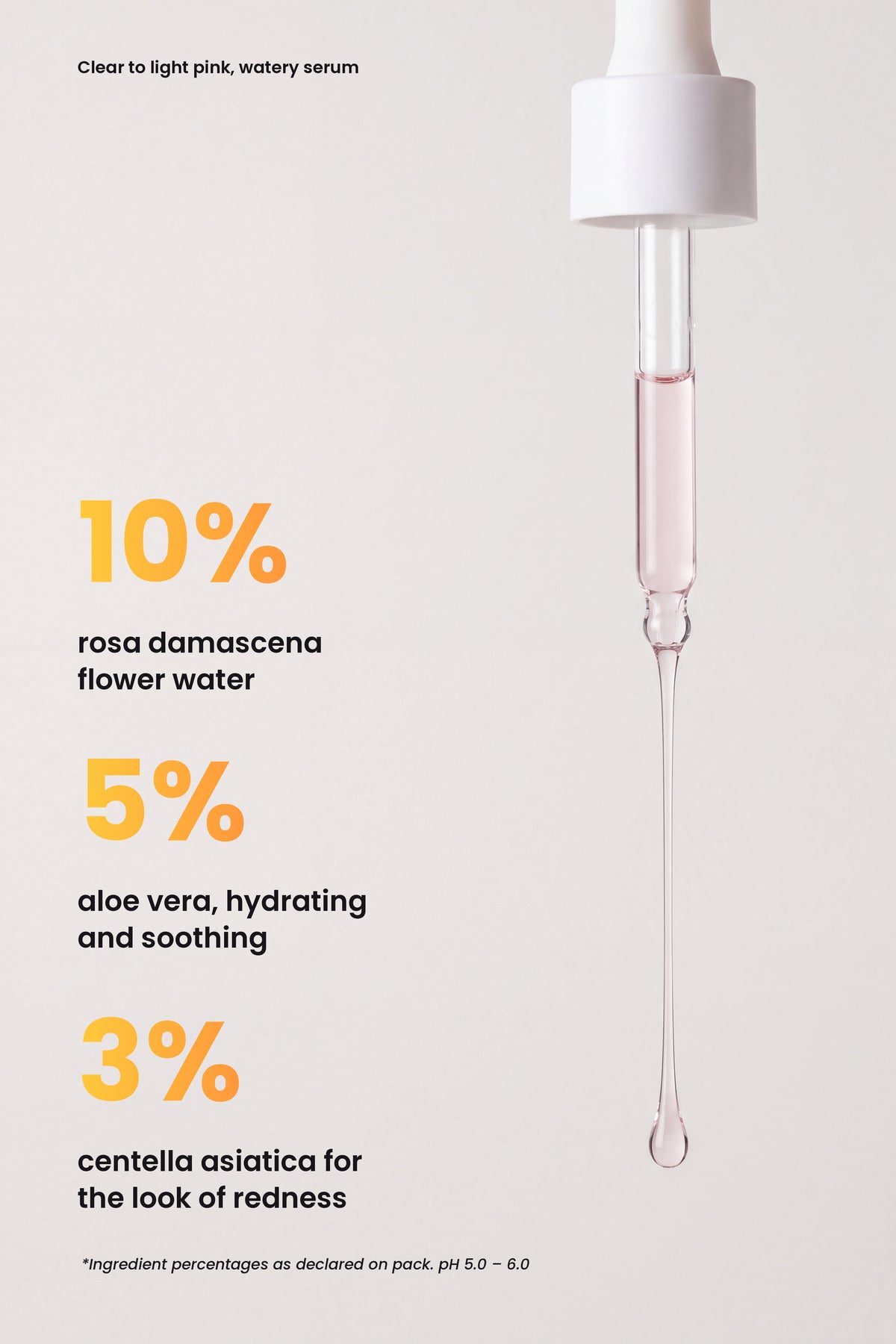 Ruby Claire Poremizing Fresh Serum key actives: 10% rosa damascena flower water, 5% aloe vera, 3% centella asiatica