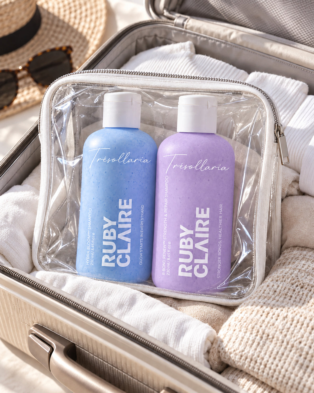 Repair & Strength Set — Hydra Bloom and R-Bond Renew shampoos packed in a travel pouch