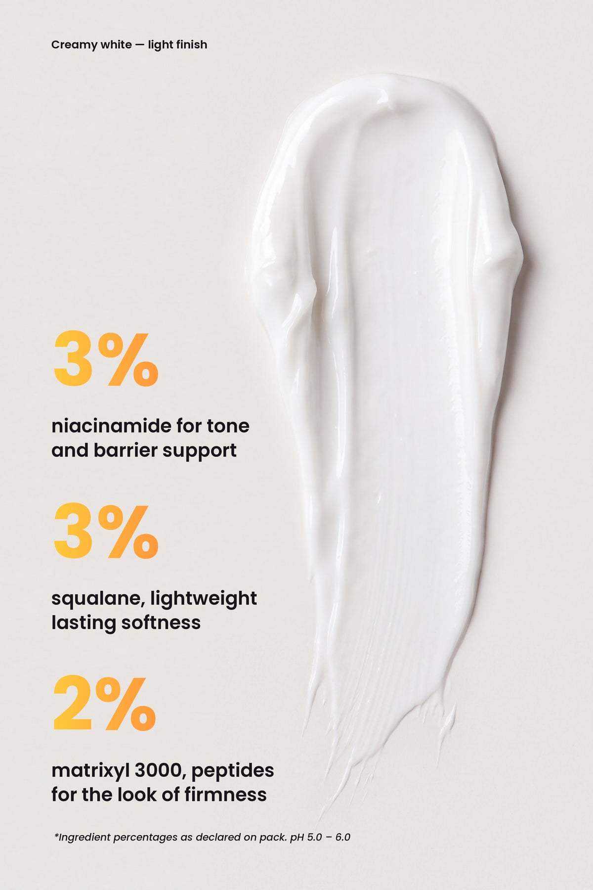 Ruby Claire GlowUp Peptide Moisturizer key actives: 3% niacinamide, 3% squalane, 2% Matrixyl 3000 peptides