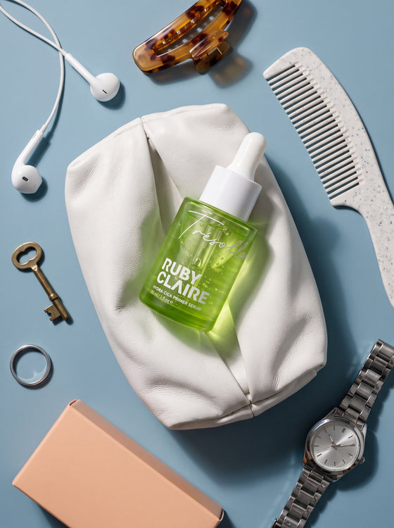 Ruby Claire Hydra Cica Primer Serum on a white leather pouch flat lay
